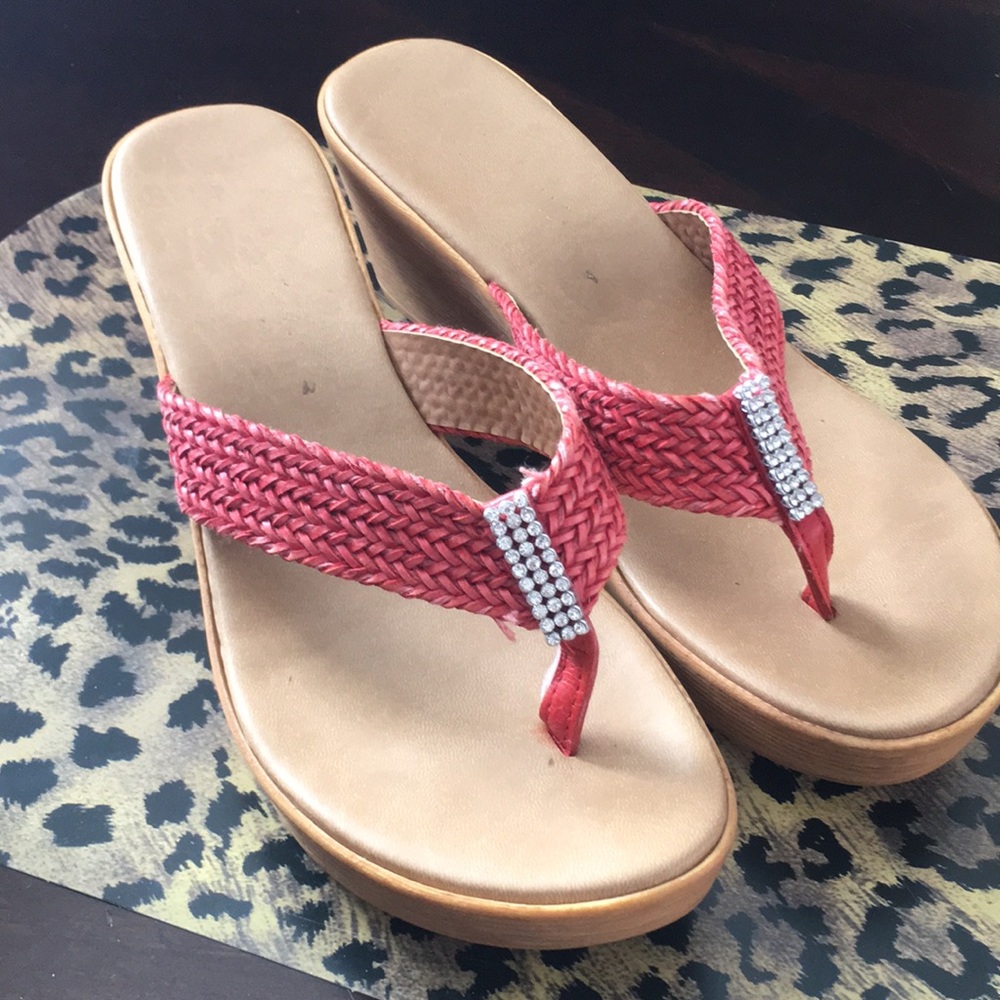 Wedge heel flip flops - weaved with bling - coral